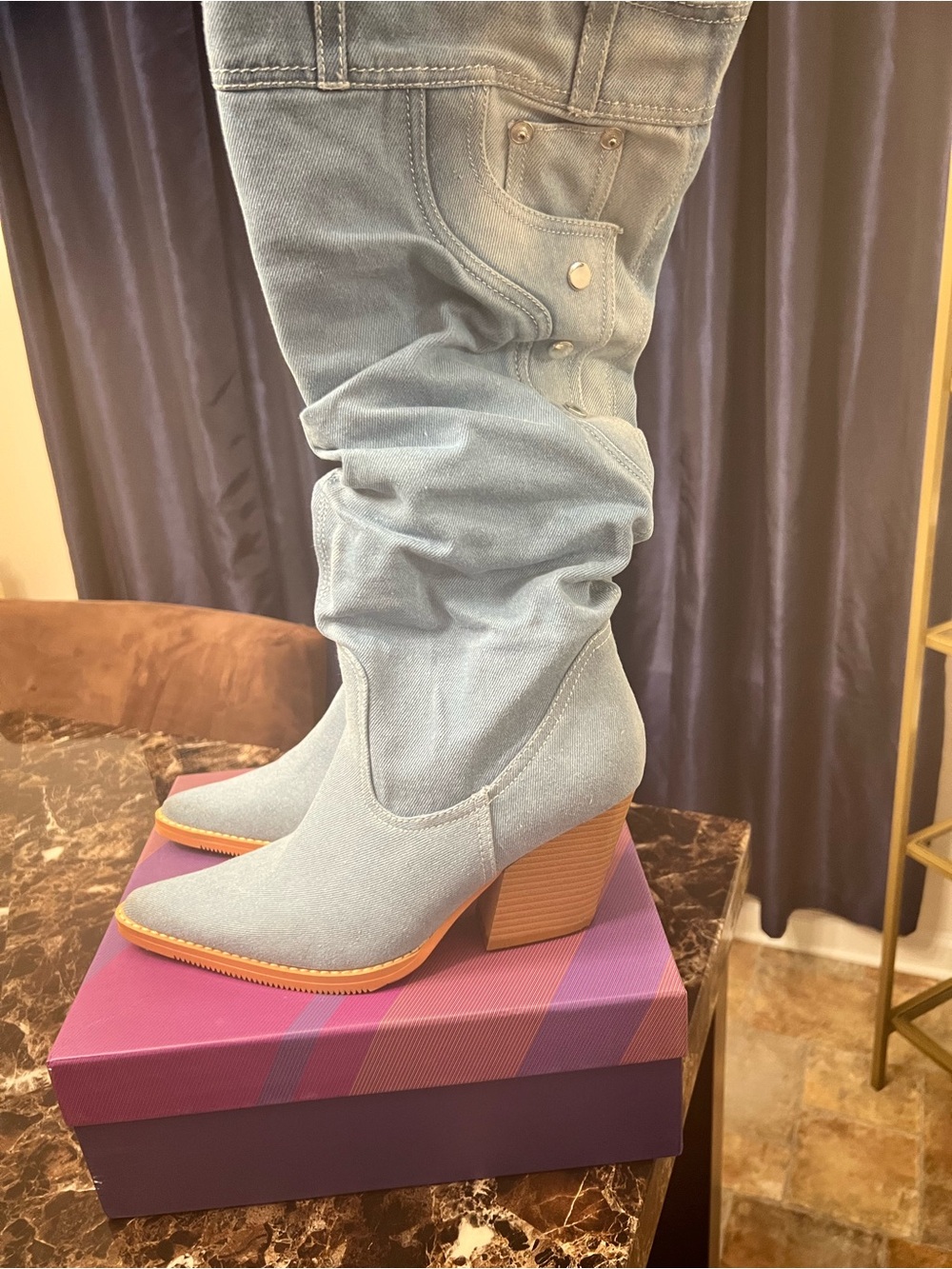 Vivianly Light Blue Denim Slouchy Mid-Calf Block Heel Boots